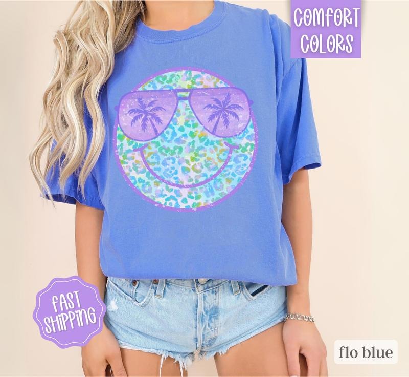 Purple Leopard Smiley Shirt Comfort Colors, Cute Summer Oversized Beach Tee, Swimsuit Cover Up Hoodie, Sweatshirt