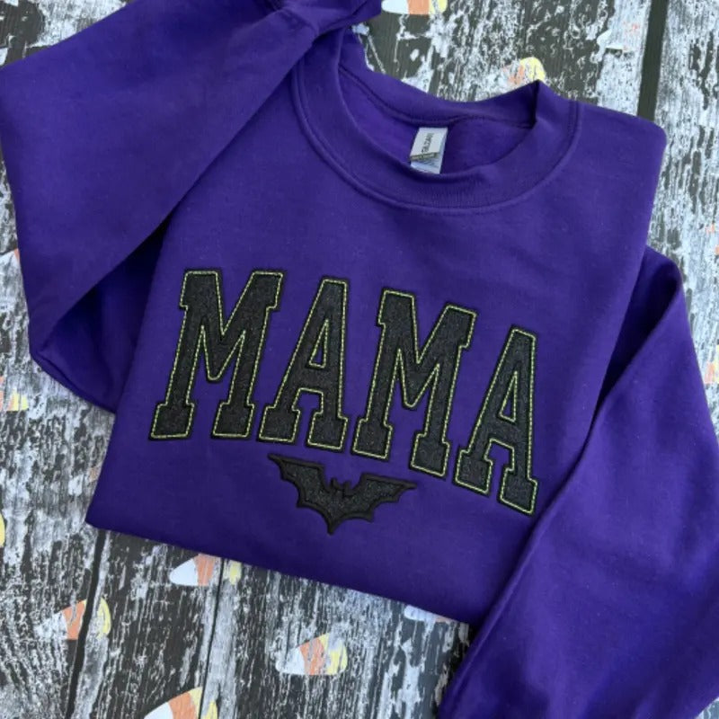 Purple Mama Bat Embroidered Glitter Crewneck Sweatshirt T-Shirts, Hoodie | TeeBloomCo.com