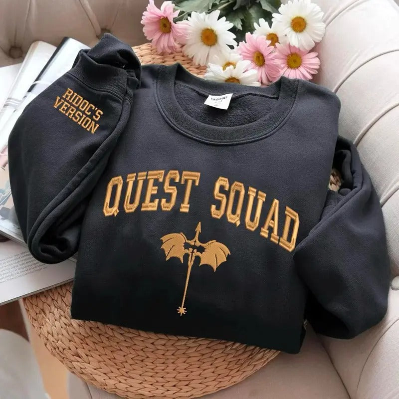 Quest Squad Embroidered Crewneck, Basgiath War College Shirt, Fourth Wing Embroidered Sweatshirt, Iron Flame Shirt, Onyx...
