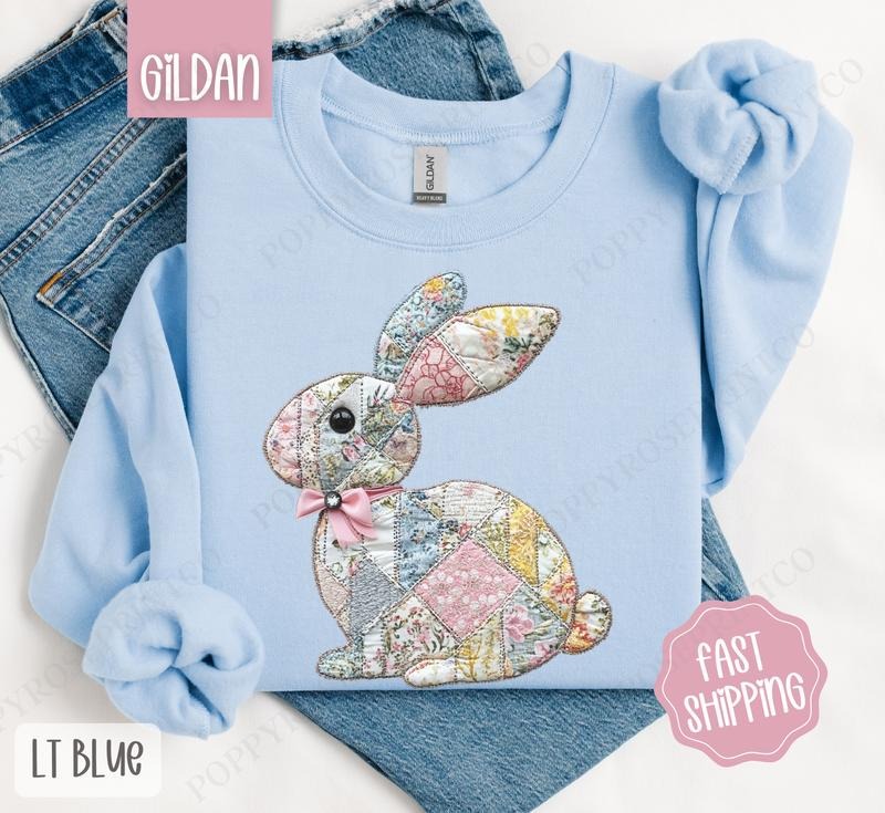 Quilted Bunny Sweatshirt, Cute Easter Sweater, Trendy Bunny Crewneck T-Shirts, Hoodie | TeeBloomCo.com