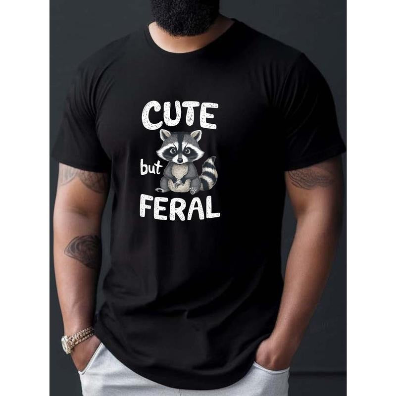 Raccoon Mischief Cute But Feral Graphic Print Men's T-Shirt, Casual Short Sleeve Crew Neck Tee, Lightweight Polyester...