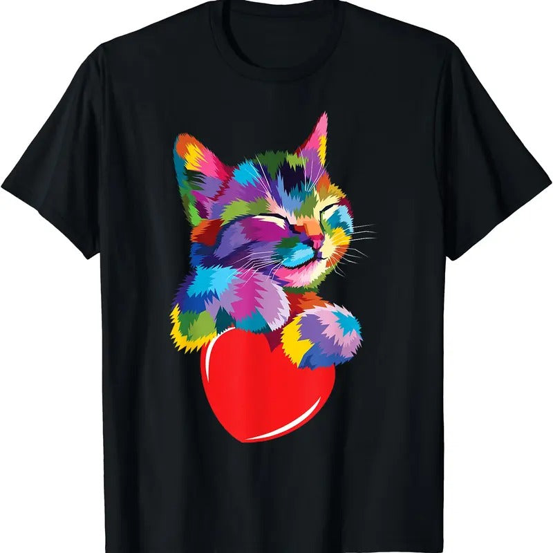 Rainbow Cute Cat Hugging Heart T-Shirt | Unisex Cotton Tee Gift | Full Size Hoodie, Sweatshirt | TeeBloomCo.com