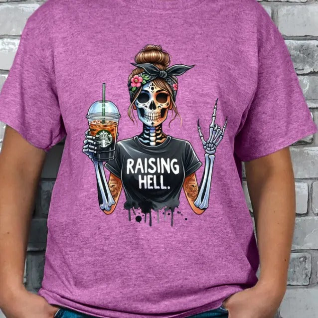 Raising H3ll Coffee Skeleton Graphic T-shirt Casual Crewneck Hoodie, Sweatshirt | TeeBloomCo.com