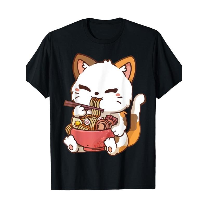 Ramen Cat Anime Kawaii Cat Eating Ramen T-Shirt 100% Cotton Made in USA Hoodie, Sweatshirt | TeeBloomCo.com