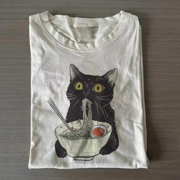 Ramen Cat Vintage Graphic T-shirt, Funny Cat Tee, Cat Lover, GIft For Mon Hoodie, Sweatshirt | TeeBloomCo.com