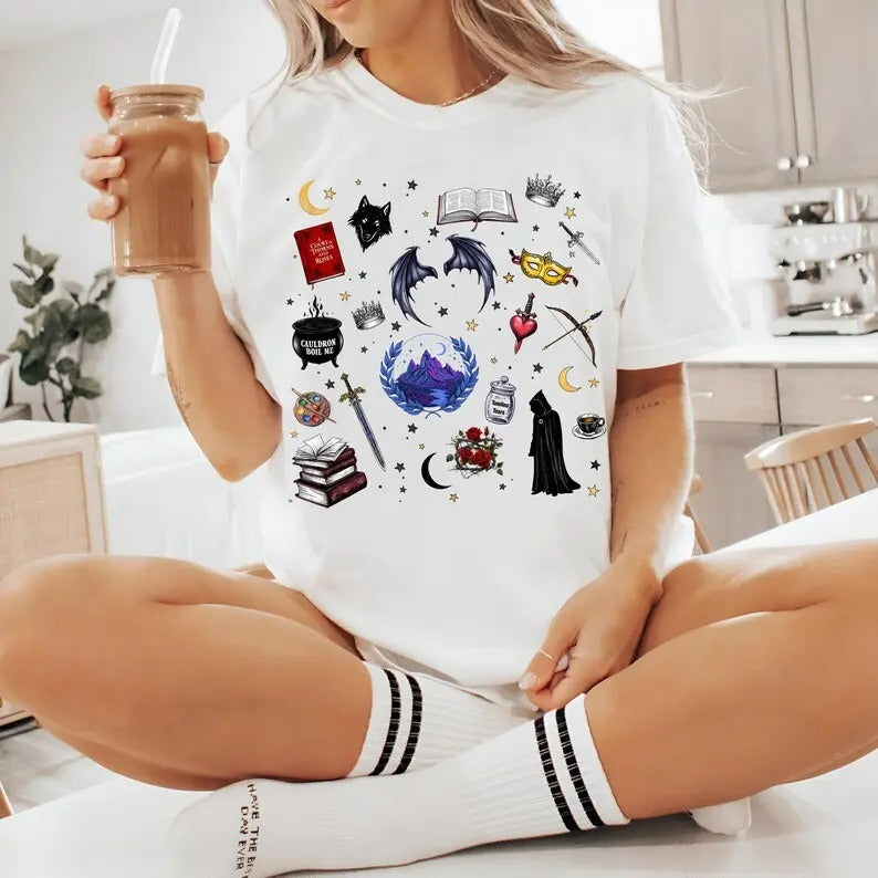 Reader Doodle T-Shirt ACOTAR Reading Doodle Shirt The Bat Boys Night Court Rhysand Cassian Azriel Velaris Feyre Court of...