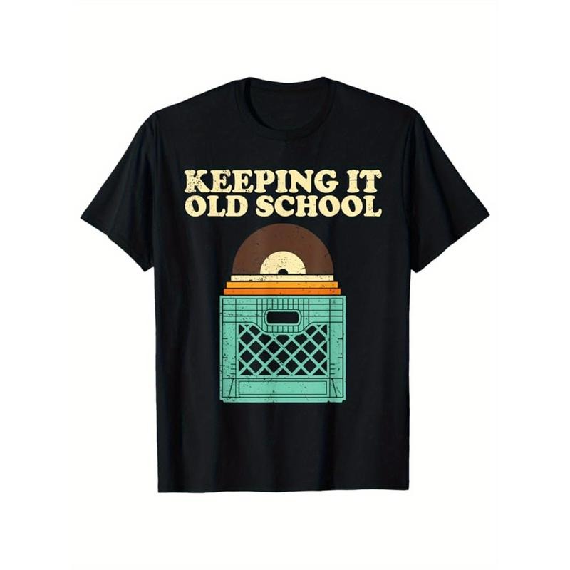 Record Player Print Men's Cotton T-shirt, Graphic Tee Men's Outdoor Clothes, Men's Back To School Clothing, Casual Short...