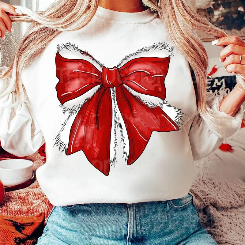 Red Bow Christmas Sweatshirt, Lovely Bow Xmas T Shirt, Cozy Season, Red Coquette Bow Sweatshirt,  Popular Christmas Gift,...