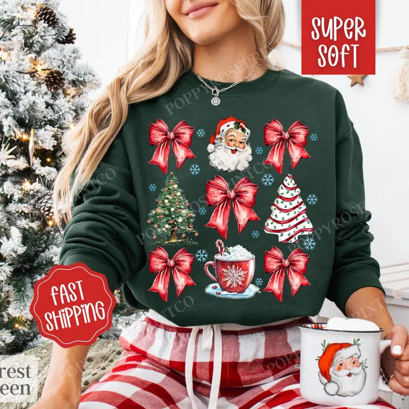 Red Coquette Christmas Sweatshirt, Merry Christmas Sweater, Women's Holiday Crewneck T-Shirts, Hoodie | TeeBloomCo.com