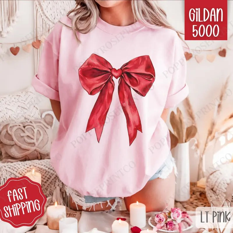Red Heart Bow Shirt Gildan, Valentine's Day Women's Tee, Cute Women's Tshirt Plus Sizes Hoodie, Sweatshirt | TeeBloomCo.com
