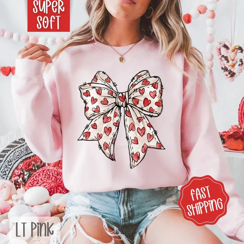 Red Heart Bow Sweatshirt, Coquette Valentine's Day Crewneck, Holiday Women's Sweater T-Shirts, Hoodie | TeeBloomCo.com