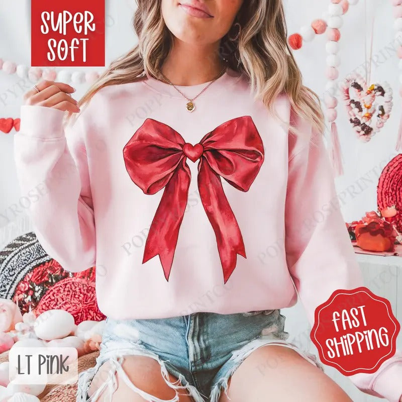 Red Heart Bow Sweatshirt, Valentine's Day Crewneck, Cute Women's Sweater T-Shirts, Hoodie | TeeBloomCo.com