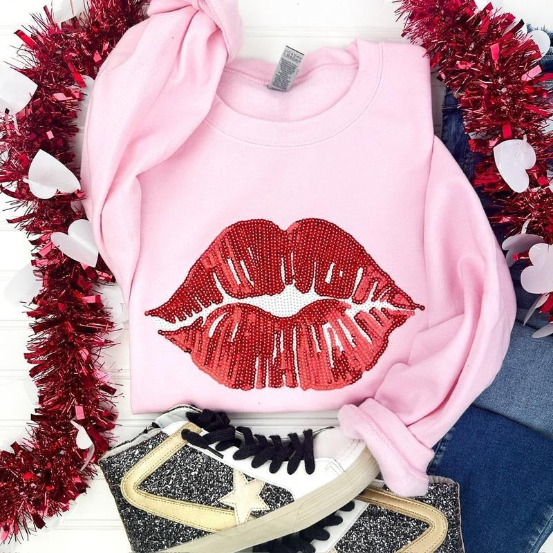 Red Lips Sequin Patch Sweatshirt T-Shirts, Hoodie | TeeBloomCo.com