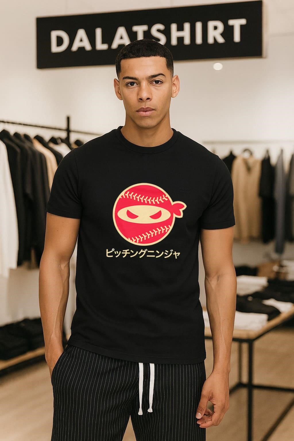 Red Pitching Ninja Logo With Japanese Katana Text shirt