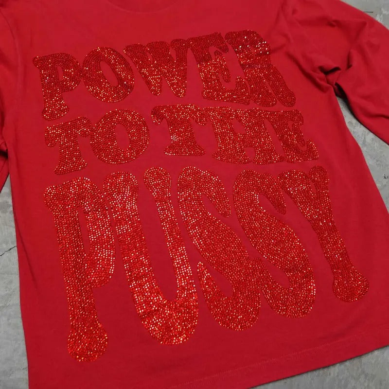 Red Power to the P Rhinestoned Heavy Weight Long Sleeve T-Shirt Hoodie, Sweatshirt | TeeBloomCo.com