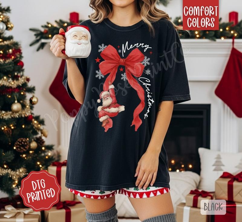 Red Santa Bow Comfort Colors, Trendy Women's Christmas Tshirt Hoodie, Sweatshirt | TeeBloomCo.com