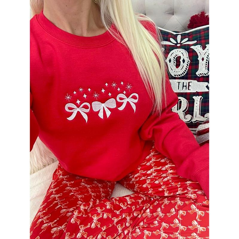 Red Sparkle Embroidered Bow Sweatshirt T-Shirts, Hoodie | TeeBloomCo.com