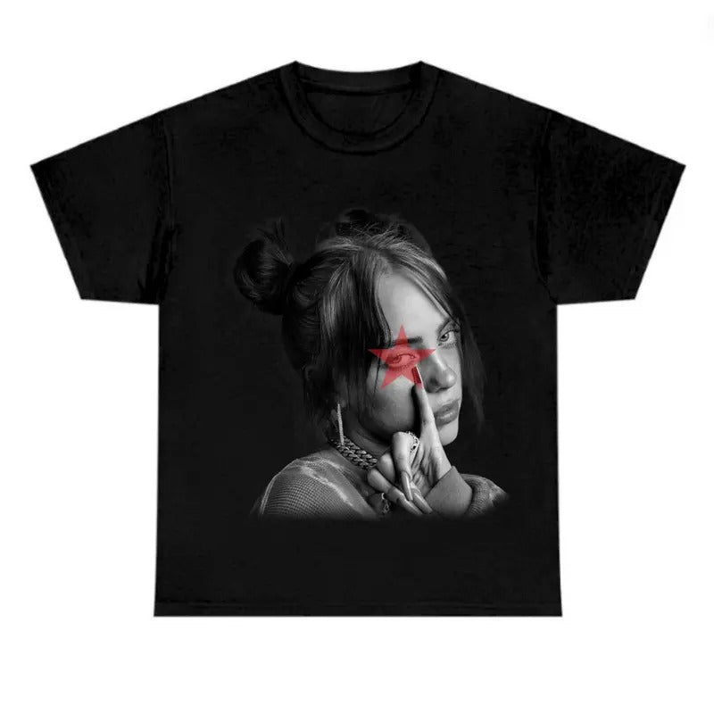 Red Star BW Billieee Eilishhh T-shirt, Graphic Tee Hoodie, Sweatshirt | TeeBloomCo.com