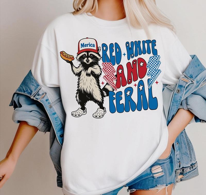 Red White And Feral  Funny Raccoon Shirt 4th Of July T-Shirt Classic 90s Retro Hoodie, Sweatshirt | TeeBloomCo.com