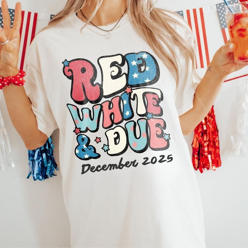 Red White and Due 4th of July Pregnancy Announcement Shirts Matching Fourth of July Gender Reveal Tees Personalized...