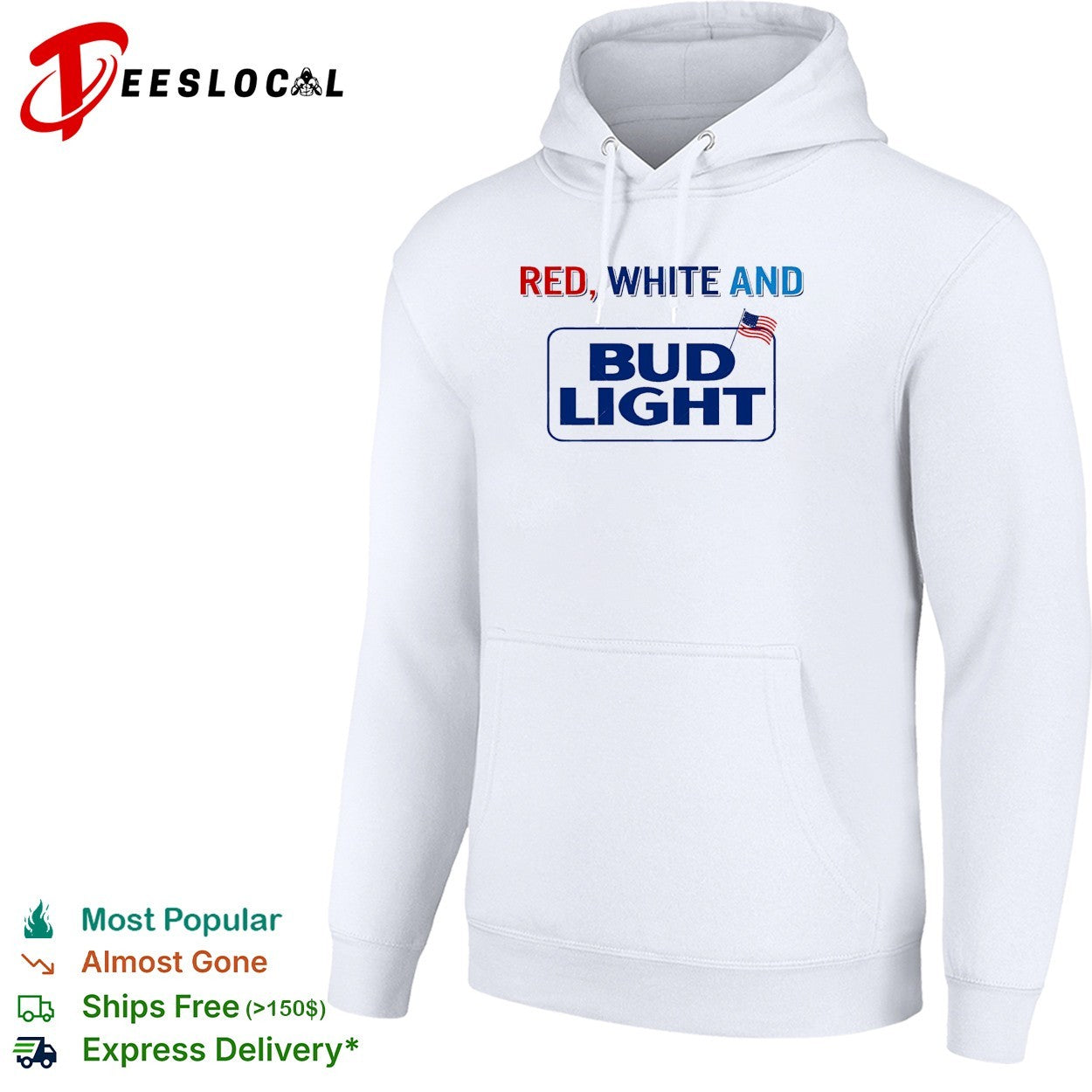 Red white and Bud Light beer logo with American flag bold lettering graphic shirt