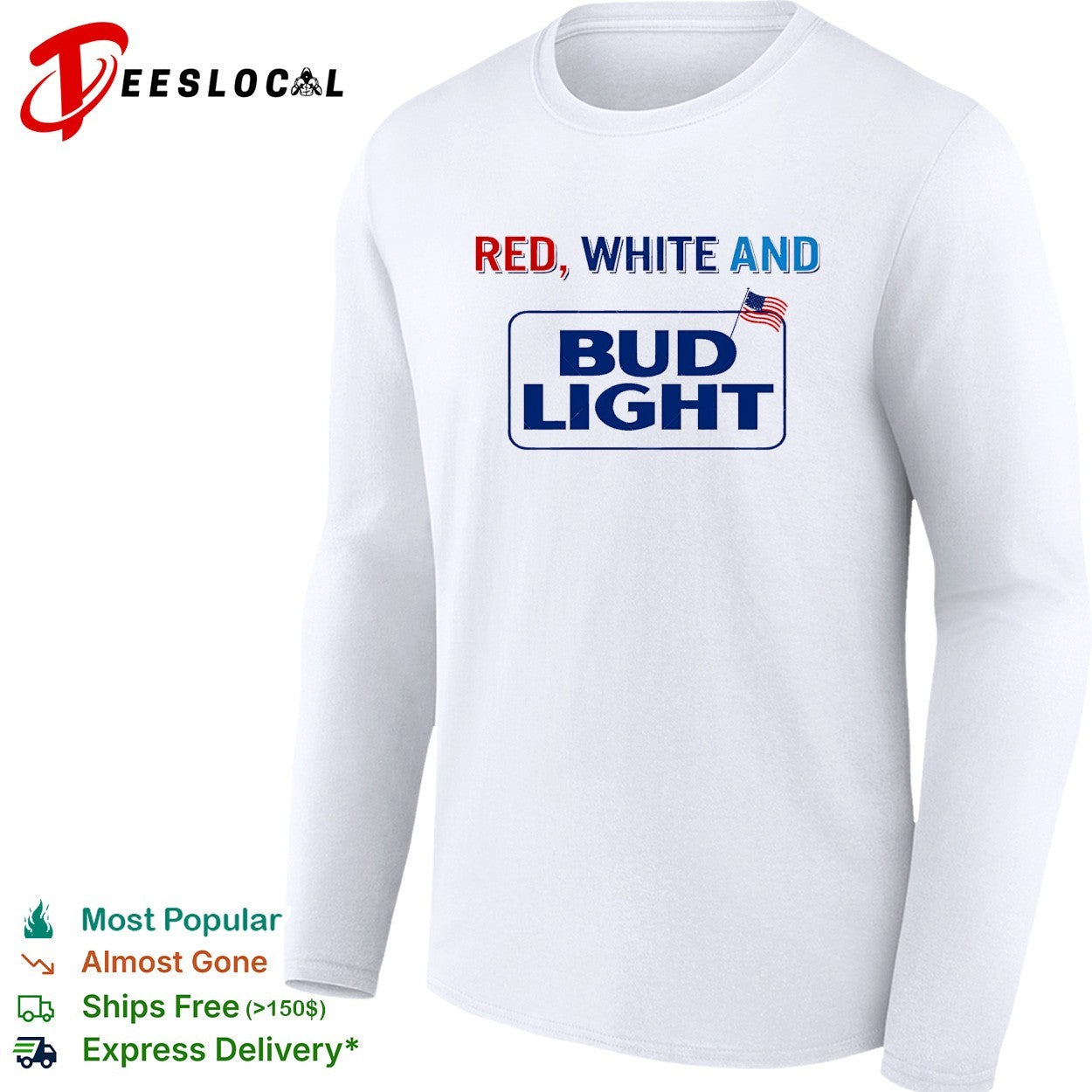 Red white and Bud Light beer logo with American flag bold lettering graphic shirt