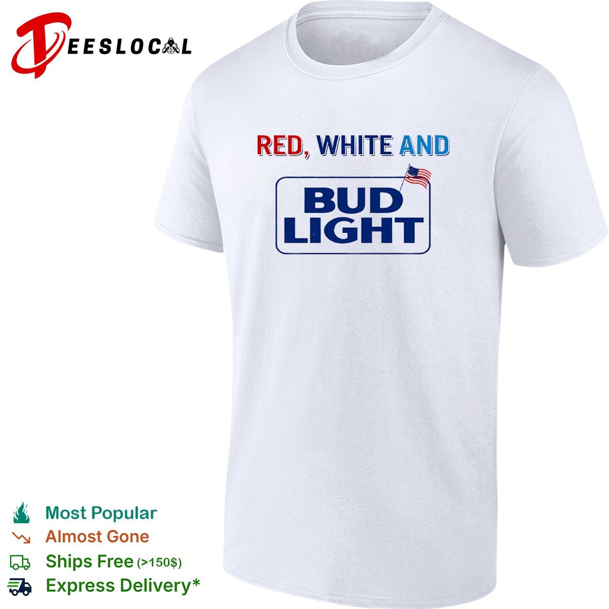 Red white and Bud Light beer logo with American flag bold lettering graphic shirt