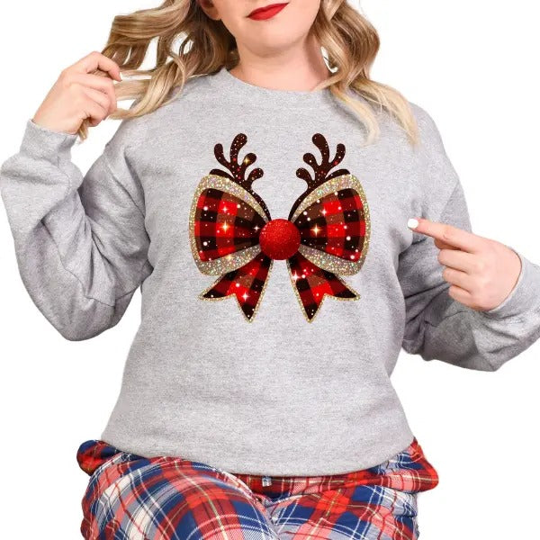 Reindeer Ears & Coquette Bow Christmas Sweatshirt - Red & Black Plaid Print | Playful & Retro-Inspired Design | Perfect...