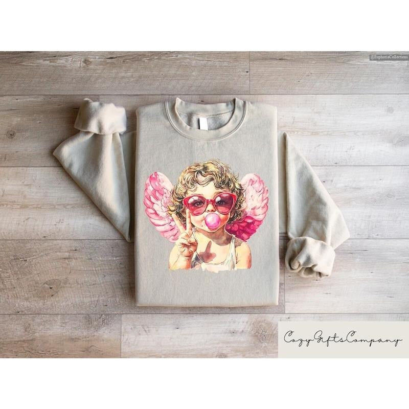 Retro Aesthetic Cupid Valentines Day Sweatshirt, Angel Blowing Bubble Cupid Shirt for Women, Cupid's Brewing Co Crewneck...