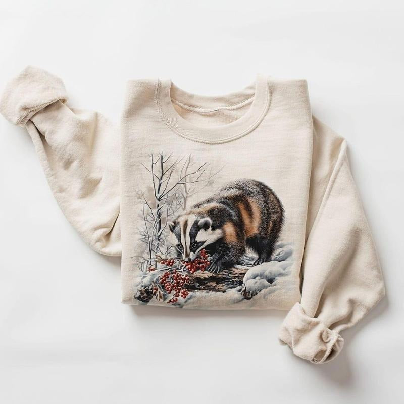 Retro American Badger Winter Scene Sweatshirt - Nineties 90s Vintage Badger Eating Red Berries Cotton Pullover T-Shirts,...