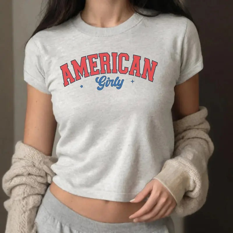Retro American Girly Baby Tee, USA Flag Baby Tee, USA Independence Day T-Shirt, 4th Of July Baby Tee, Fourth Of July Baby...