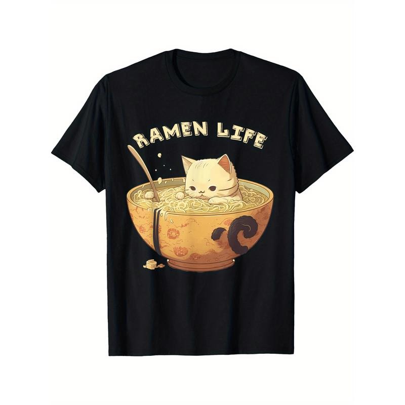 Retro Anime Ramen bowl Cute Cat Japanese aesthetics T-Shirt Selected pure cotton interesting design DIY short sleeve...