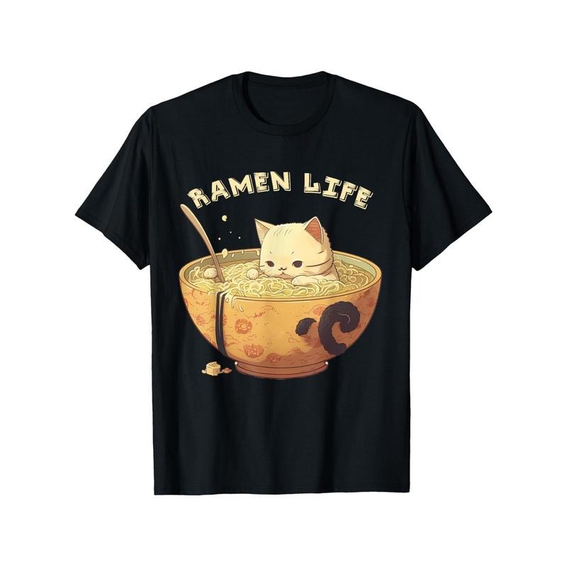 Retro Anime Ramen bowl Cute Cat Japanese aesthetics T-Shirt, Mens Tshirts Graphic Funny for women, Christmas Gift Tee,...