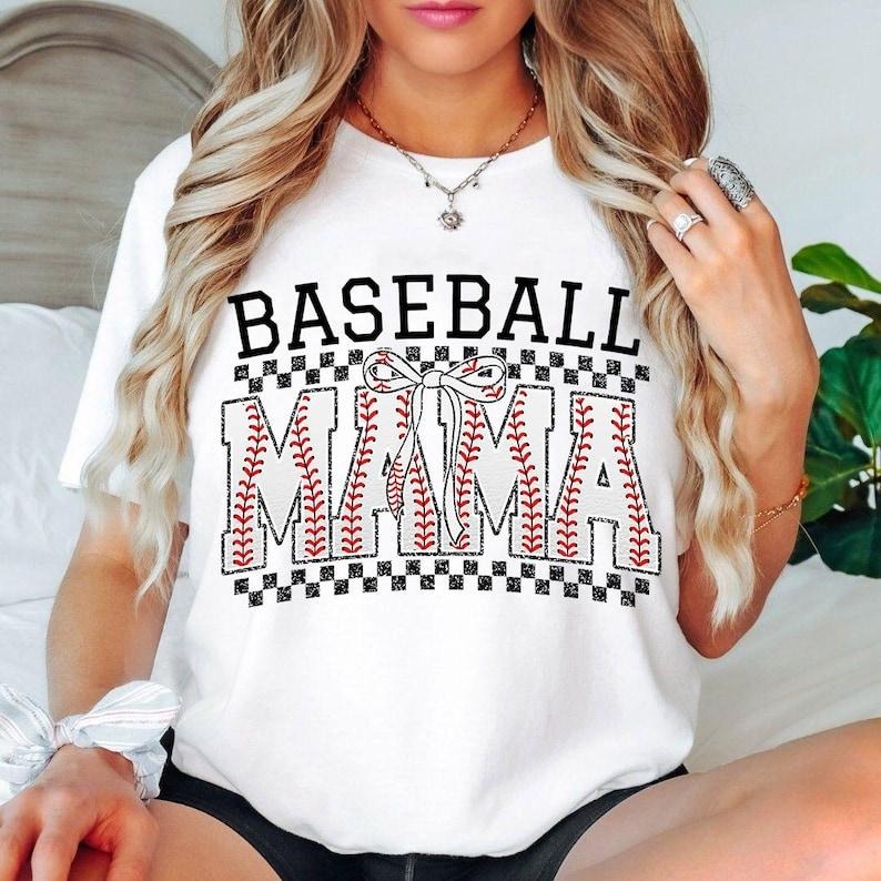 Retro Baseball Mama Bow Checkered Tshirt, Baseball Mama, Retro Checkered Mama, Baseball Coquette Bow Retro Baseball Mama...