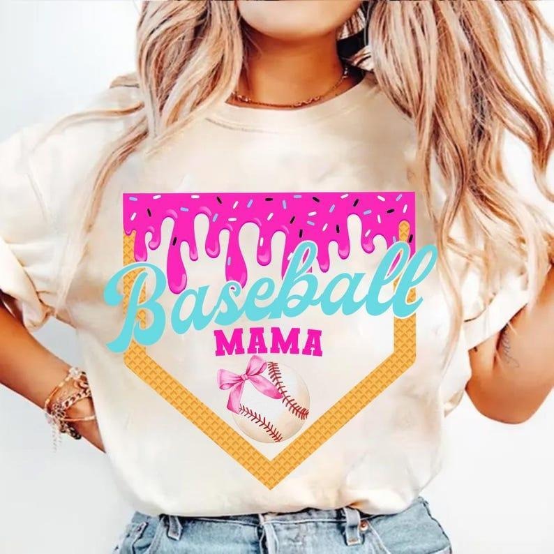 Retro Baseball Mom Shirt, Dripping Ice Cream Design, Fun Game Day Tee,   Womenswear Top shirts Hoodie, Sweatshirt