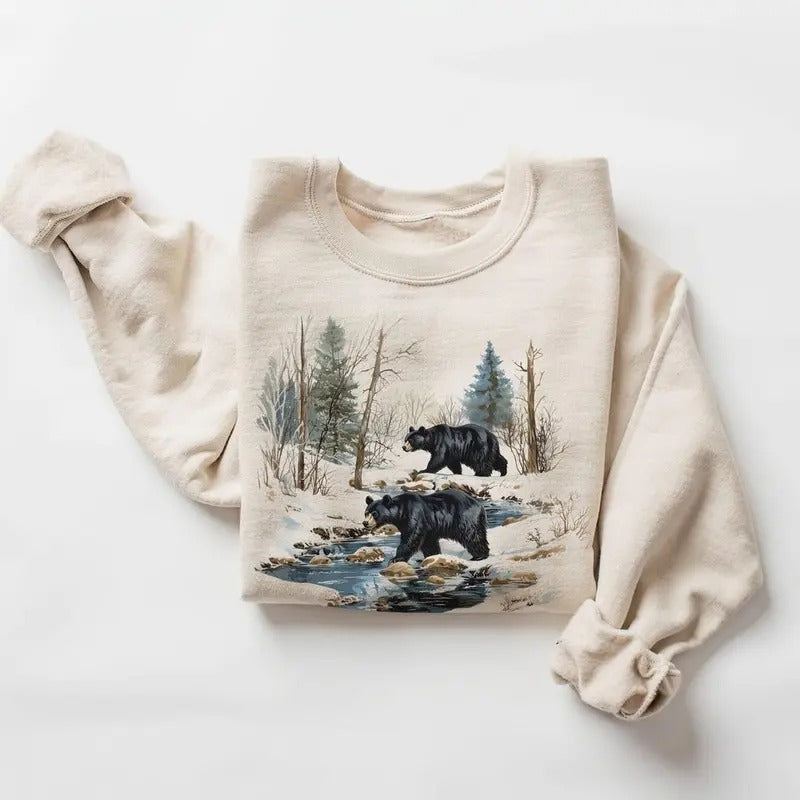 Retro Black Bears Winter Creek Scene Sweatshirt - Nineties 90s Vintage Sow & Boar Bears Camping Pullover Cotton Menswear...