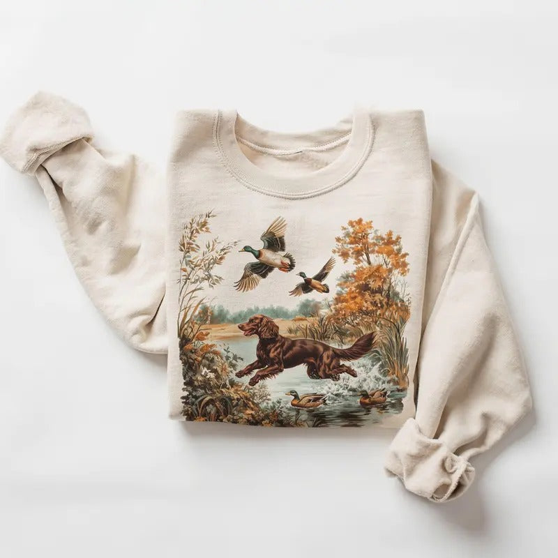 Retro Boykin Spaniel Retrieving Mallard Ducks Sweatshirt - 90s Vintage Cute Dog Breed Hunting Outfit - Boho Unisex...