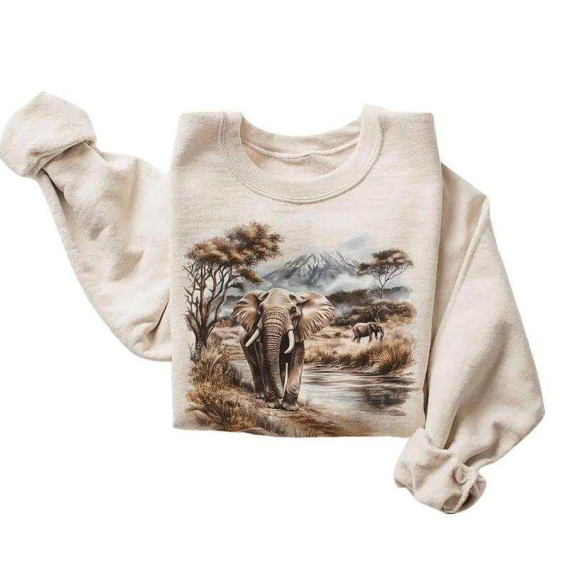 Retro Bull Elephant African Safari Scene Sweatshirt - 90s Vintage Bush Elephants Wildlife Watching Cotton Pullover...