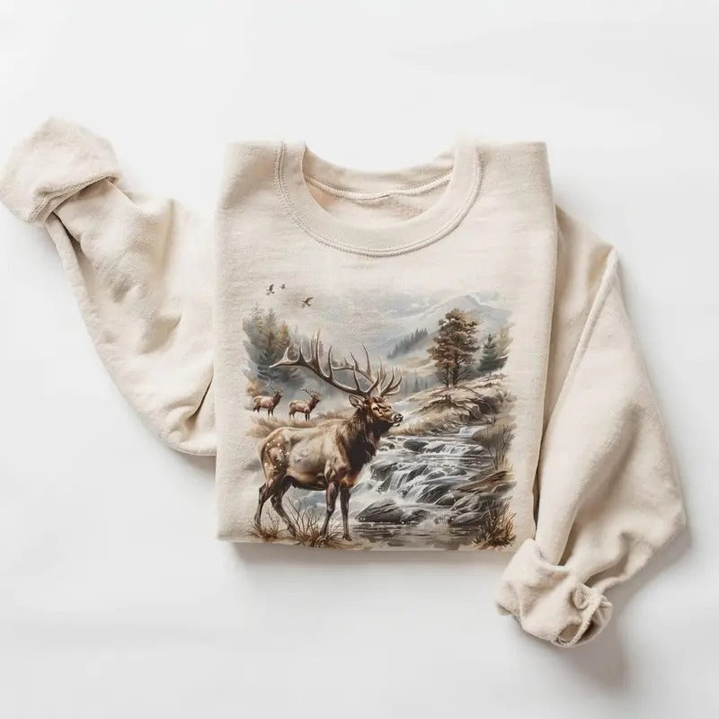 Retro Bull Elk Wilderness Scene Sweatshirt - Nineties Vintage Elk Nature Outfit - Boho Unisex Cotton Pullover Womenswear...