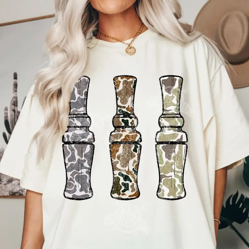 Retro Camo Duck Calls Unisex Tee, Duck Camo Hunting Shirt, Duck Hunt Design, Casual Wear Crewneck Top Hoodie, Sweatshirt