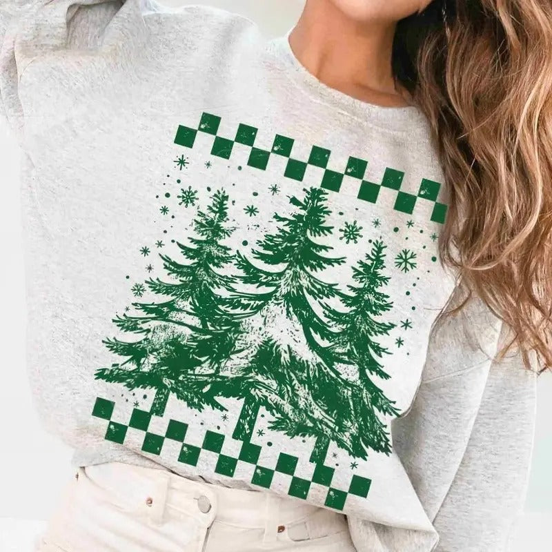 Retro Checkered Christmas Trees Sweatshirt, Pine Trees Holiday Season, Distressed Christmas Jumper, Checkered Xmas Shirt,...