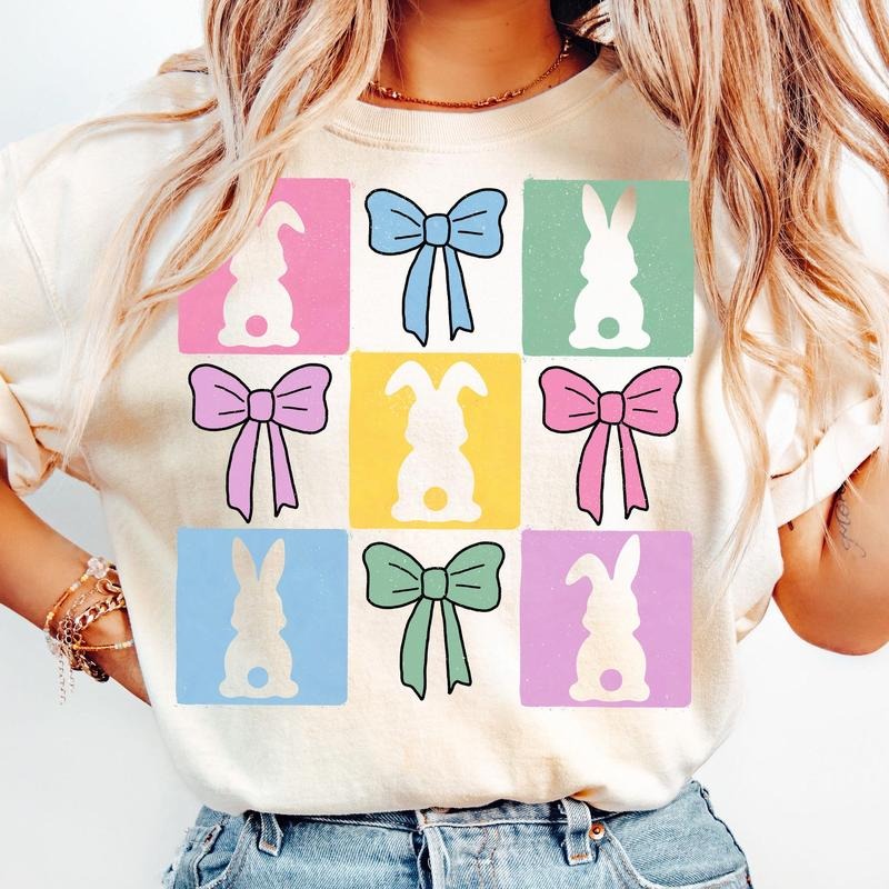 Retro Checkered Easter Coquette T-Shirt, Easter Bunny T-Shirt, Coquette Easter T-Shirt, Girls Easter T-Shirt, Christian...