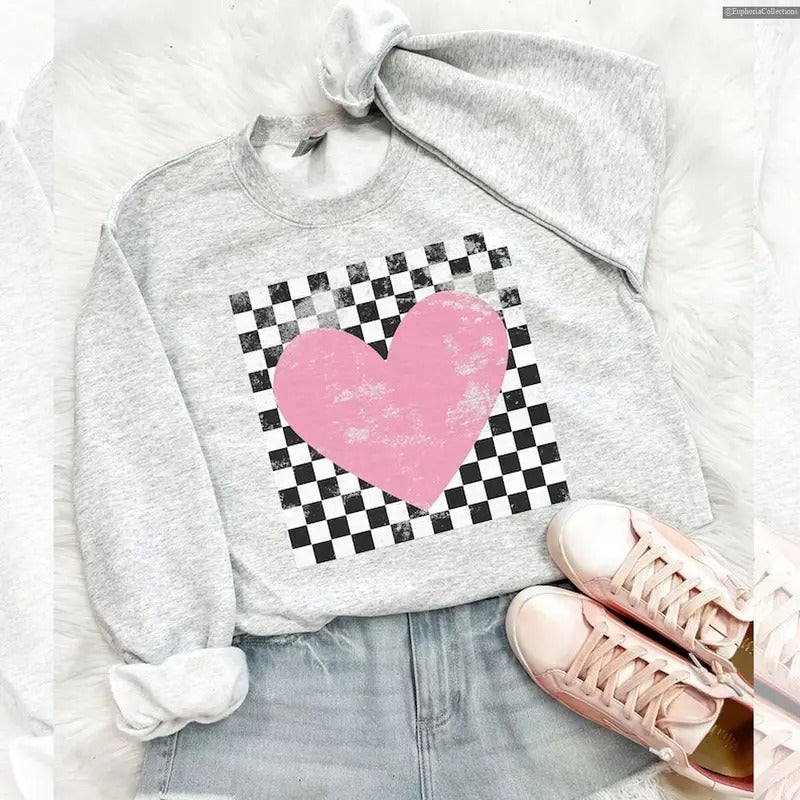 Retro Checkered Heart Sweatshirt Hoodie T-Shirt, Cute Teacher Valentine Love Tee, Women's Valentines Day, Trendy VLT Gift...