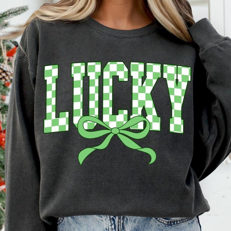 Retro Checkered Lucky St Patrick's Day Coquette Sweatshirt, St Patricks Day Lucky Shirt Hoodie | TeeBloomCo.com