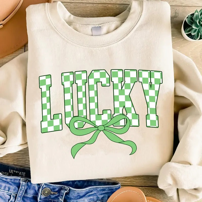 Retro Checkered Lucky St Patrick's Day Sweatshirt, Coquette Bow Lucky T-Shirt, St Pattys Day Tee Shirt, Lucky Shamrock...