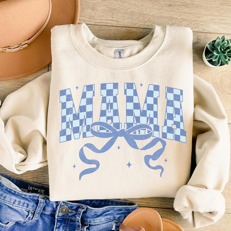 Retro Checkered Mama Coquette , Mama , Blue Mama Varsity , Mothers Day , Gift for Mom, Mama Bow , Mama Shirt Sweatshirt...