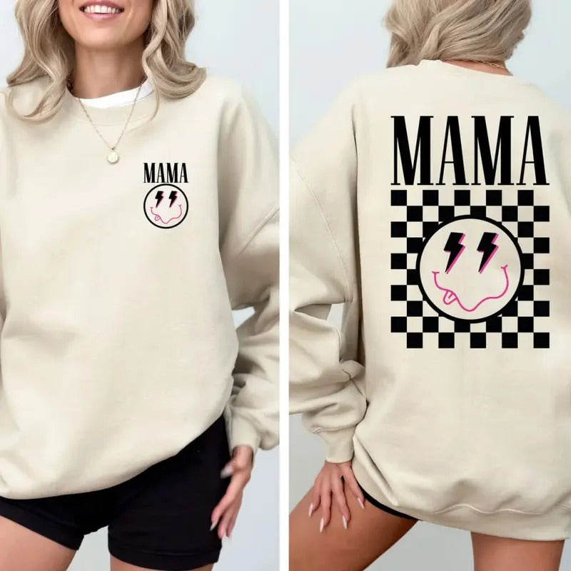 Retro Checkered Mama Sweatshirt, Retro Smiley Face Mom T-Shirt, Mama Lightning Bolt Tee Shirt, Motherhood Sweater, Mom...
