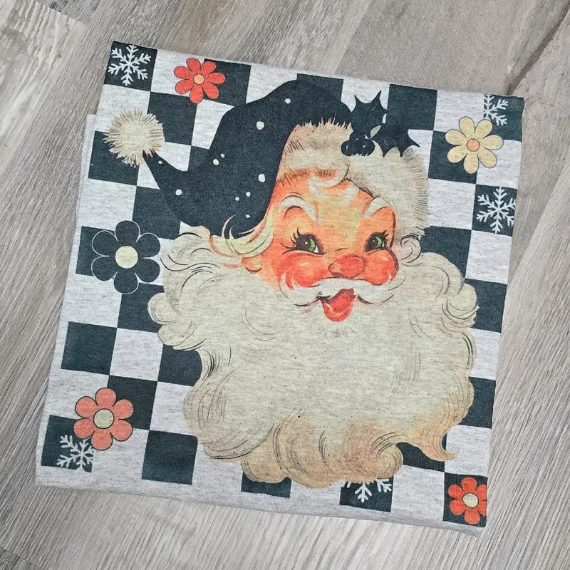 Retro Checkered Santa Graphic Tee or Sweatshirt Hoodie | TeeBloomCo.com