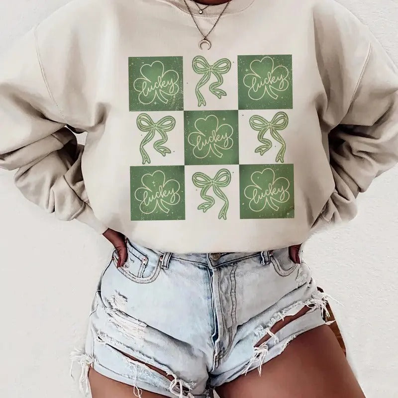 Retro Checkered St Patrick's Day Shirt, Coquette Bow St Patty's Day Sweatshirt, Lucky Shamrock Tee Shirt, Clover Bow...