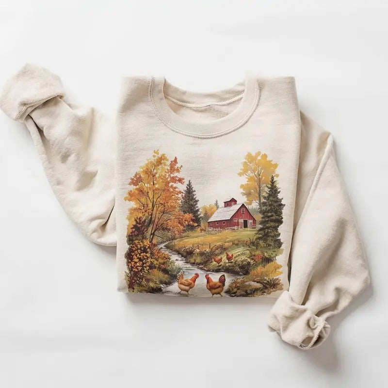 Retro Chickens and Red Barn Farm Fall Creek Scene Sweatshirt - 90's Vintage Backyard Chicken Farmer Pullover Cotton...